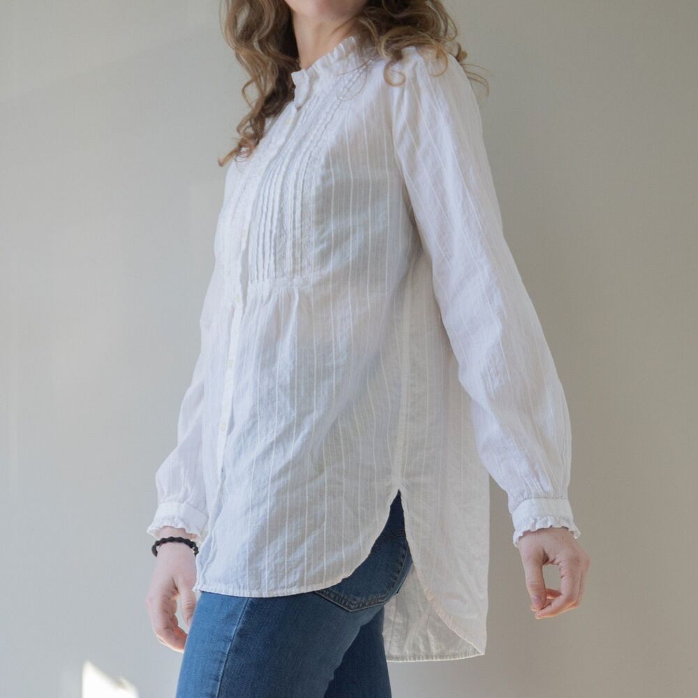 White Button Down High Collar Coquette Regency Cottage Dressy Women's Top - Picture 3 of 9
